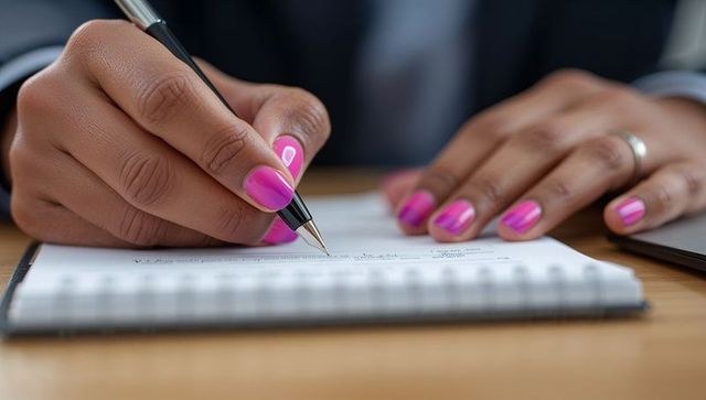 Businesswoman writing notes with bright pink manicure and pen on spiral notebook
