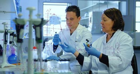 Two researchers collaborating and analyzing samples with pipettes in modern laboratory