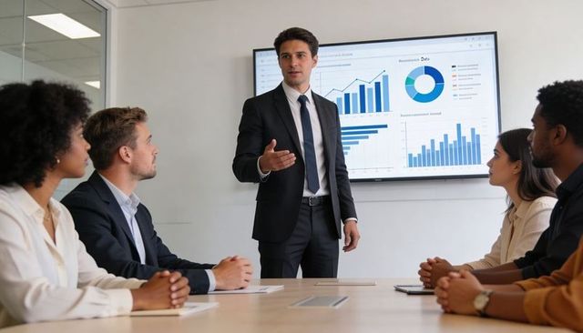 Executive presenting business growth charts to diverse team in modern boardroom meeting