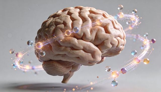 Realistic floating human brain with glowing molecular orbit for neuroscience and cognition concept