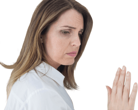 Transparent Single Mother Reflecting while Raised Palm, Looking Down