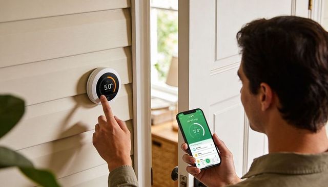 Man adjusting smart thermostat at door while using mobile app for home energy control