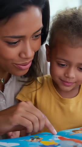 Mother Leaning and Reading with Child, Pointing at Book, Storytime Bonding Vertical Video