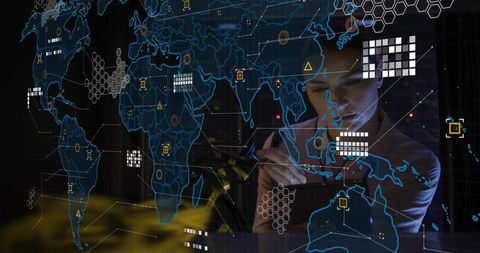 Female Analyst Monitoring Global Cybersecurity Network on Holographic World Map Interface