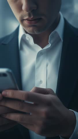 Vertical business video: Man in jacket checking email on smartphone closeup corporate use