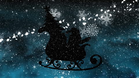 Silhouette of Santa Claus in Sleigh with Snowflakes