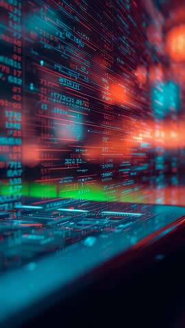 Vertical Cyber Data Stream Sliding Over Laptop Keyboard with Neon Status Indicators