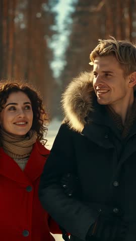 Vertical video zooming on couple walking snowy forest trail, red coat and parka smiling