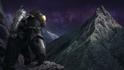 Armored gorilla explorer standing on alpine ledge under starfield nebula with gold visor