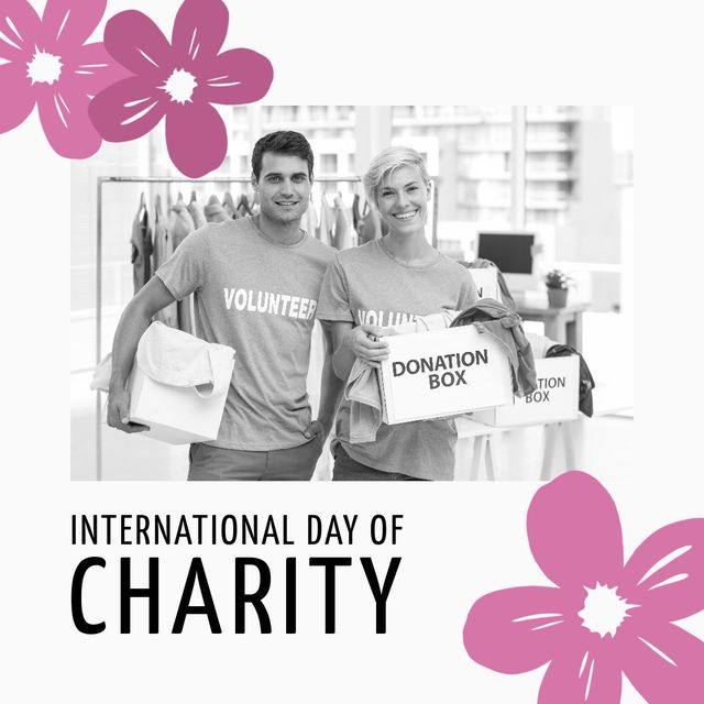 Multiracial vounteers with donation boxes and international day of charity text with pink flowers. Composite, happy, portrait, together, campaign, copy space, support, awareness and celebration.