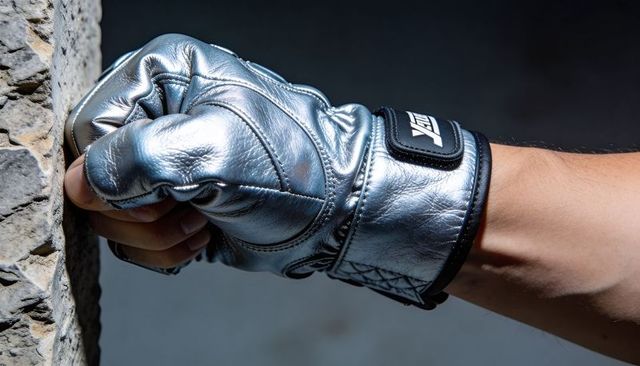 Closeup metallic silver boxing glove pressing rough concrete wall training detail