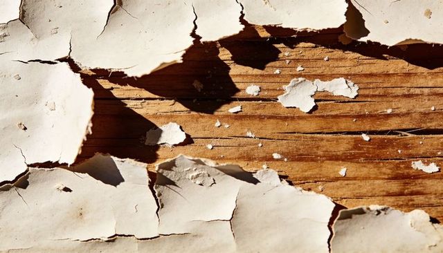 Off-white paint peeling revealing weathered horizontal wood grain, rustic aged texture