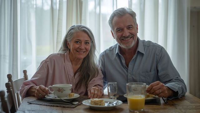 Smiling senior couple enjoying cozy sunlit breakfast, holding teacup and reaching for pastry
