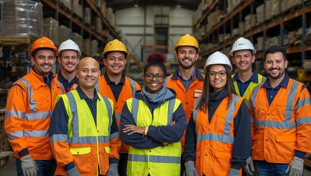 Warehouse team in safety gear smiling in modern distribution center