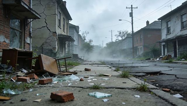 Derelict urban street with debris-strewn sidewalk, cracked pavement, overgrown weeds