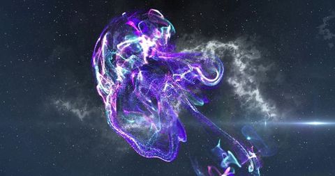 Iridescent jellyfish nebula drifting through cosmic starfield with luminous tendrils