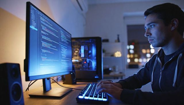Coding at night on rgb desktop with backlit keyboard and large monitor workspace for developers