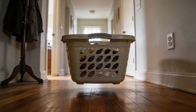 Floating laundry basket hovering over hardwood floor in home hallway with clothes inside