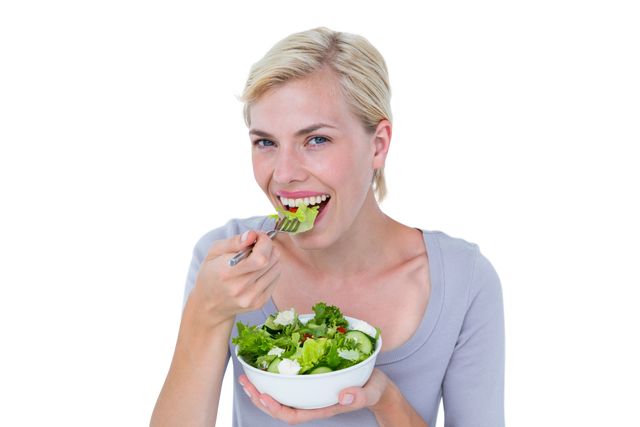 Smiling Blonde Woman Eating Healthy Salad on Transparent Background - Download Free Stock Videos Pikwizard.com