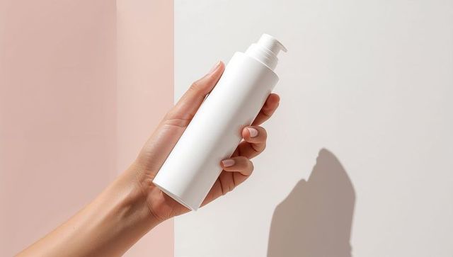 Female Hand Holding White Pump Bottle on Minimalist Backdrop