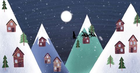 Santa's sleigh flying over snowy mountains and festive houses at night