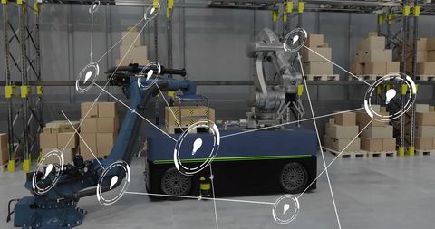 Futuristic Digital Network Visualized in Modern Warehouse