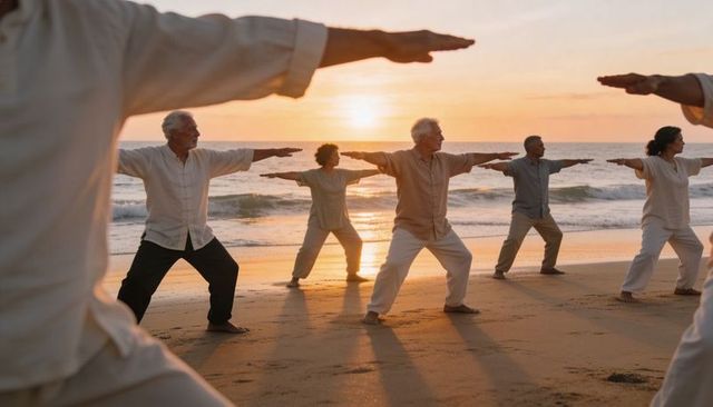 Senior group practicing tai chi on beach at sunset for balance and wellness