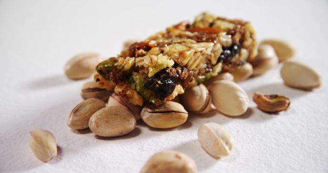 Granola bar surrounded by pistachios, highlighting the combination of a nutritious snack. Can be used for promoting healthy eating, diet plans, energy-boosting snacks, or food blogs.