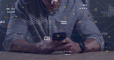 Mid-Adult Man Checking Smartphone with Cybersecurity HUD and Data Visualization Overlay