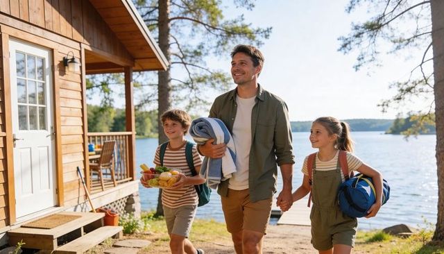 Family walking to lakeside cabin carrying picnic basket and towels on sunny summer day