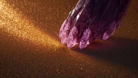 Glowing amethyst crystal resting on golden glitter catching beam and casting shadow
