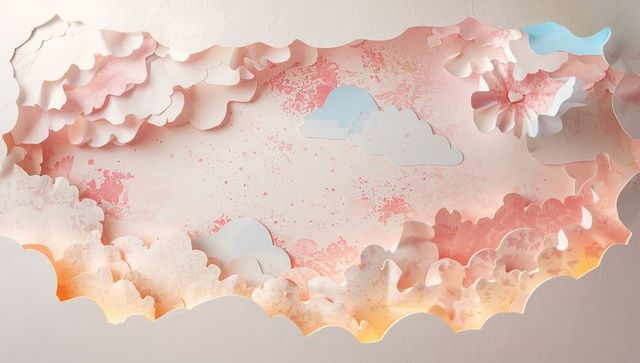 Revealing pastel paper-cut cloud wall relief with layered floral rosette and soft shadows