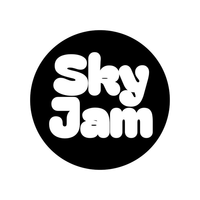 Bold Sky Jam logo with modern font, suitable for event promotion, social media marketing, custom merchandise, flyers, or posters. Attract attention with its unique, eye-catching design in black and white.