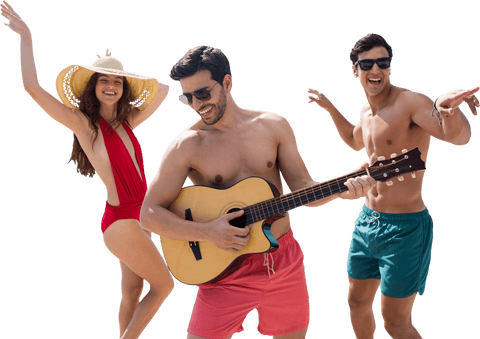 Caucasian Friends Playing Guitar and Dancing on Transparent Background