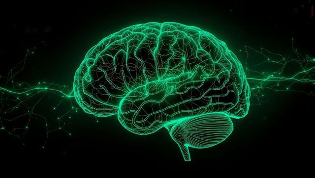 Glowing neon wireframe brain in digital network space