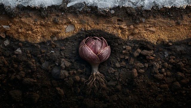 Purple bulb resting in frosted soil cross-section showing exposed roots and layered earth