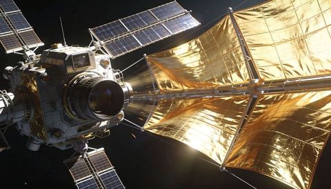 Unfurling gold solar sail deploying from robotic orbital probe with optical aperture