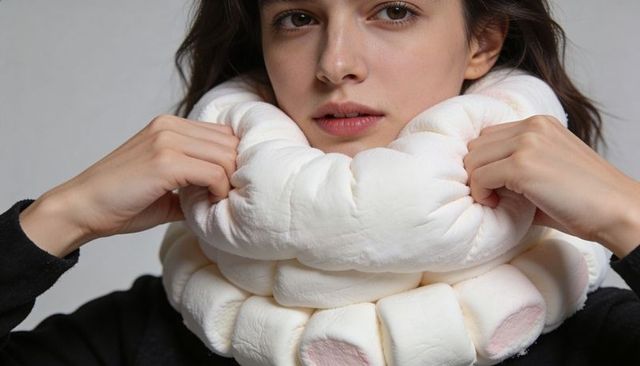 Woman wearing plush sculptural neck wrap, minimalist soft white scarf closeup