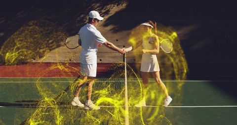 Tennis players handshaking in energy field on sunlit court
