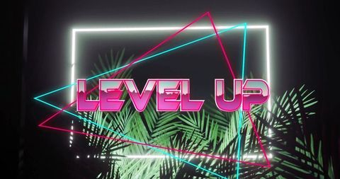 Neon level up sign vibrant glow with palm leaves