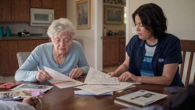 Home care caseworker assisting senior with paperwork at kitchen table for eldercare planning