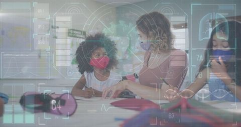 Female Teacher and Students Engaged in Science Education with Digital Interface