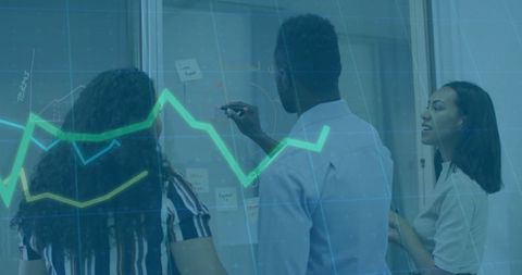 People working together seen in an office setting, focusing on brainstorming and strategic planning depicted through collaboration on glass wall, aligned with an overlay of charts. Useful for business innovation articles, teamwork concepts, and data-driven operations visuals.