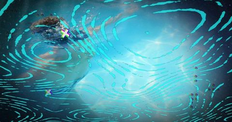 Ethereal swimmer drifting beneath turquoise sunbeams with abstract swirl overlays