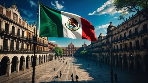 Panoramic View of a Mexican Plaza with Flag Displayed