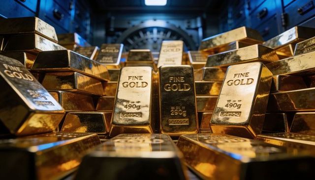 Stacked fine gold bars leading toward vault door reflective bullion luxury wealth reserve