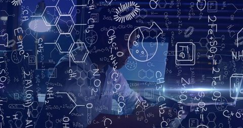 Scientist analyzing molecular data on digital screens with chemical formula overlays