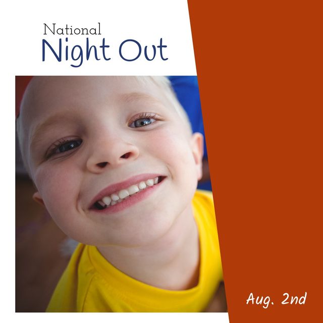 Digital composite image of portrait of smiling caucasian boy and aug 2nd and national night out text. copy space, childhood, community, police, partnership, crime, awareness and prevention concept.