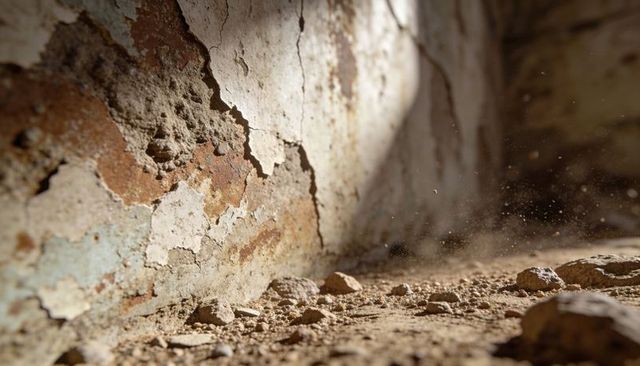 Sunbeam highlighting peeling plaster, dusty rubble in abandoned room with cracked paint