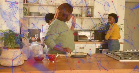 Multigenerational Women Prepping Pie at Rustic Kitchen Island with Data Overlay